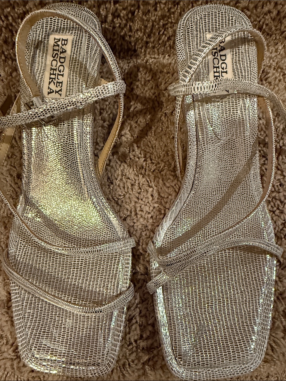 Badgley Mischka Metallic Silver Strappy Square-Toe Heels